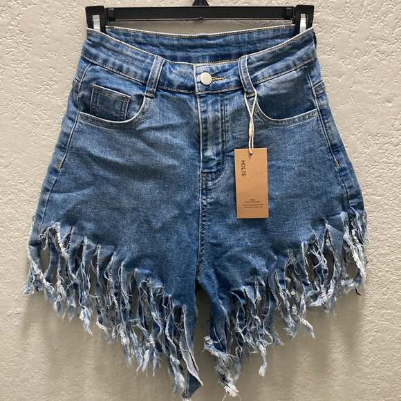 HDLTE Denim Jean Fringe Shorts Women Size Small - Picture 1 of 7